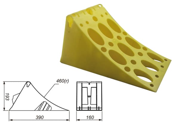 Accéder à la pièce CALE DE ROUE 390X160X193 R460PLASIQUE JAUNE AVEC  DIN 76051