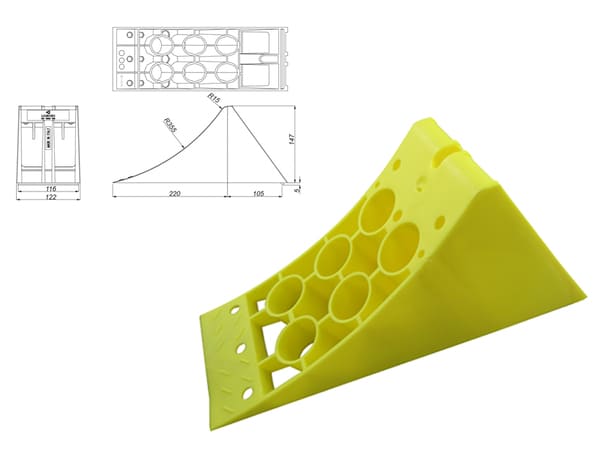 Accéder à la pièce CALE DE ROUE 335X122X147 R355PLASTIQUE JAUNE DIN 76051